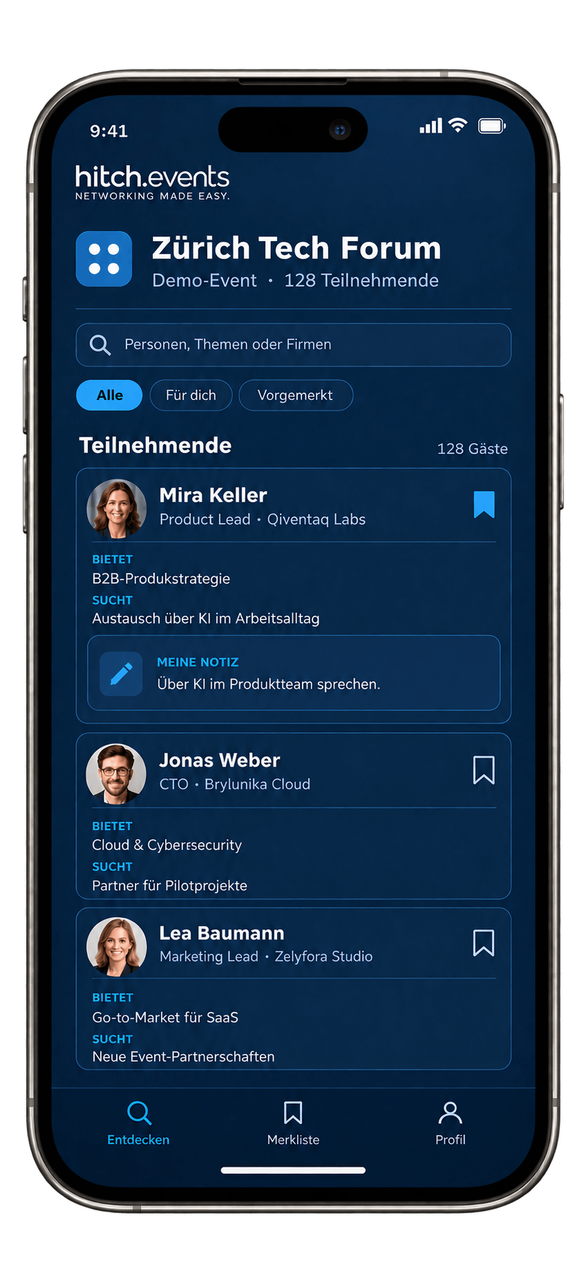 hitch.events Teilnehmerliste auf einem Smartphone